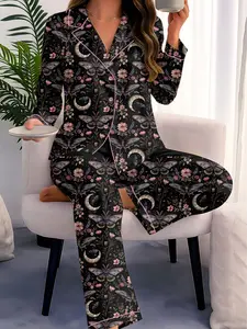 Night Garden Mystical Moth Magic Witchy Floral Satin Pajama Set, Halloween Magic Witchy Floral Pajama Sleepwear, Nighwear Set for Her