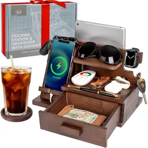 Phone Docking Station with Drawer, Compatible with  Watch -   Station Organizer Stand, Bedside Nightstand Organizer for Men, Holds Phone, Tablet, , Glasses, EDC