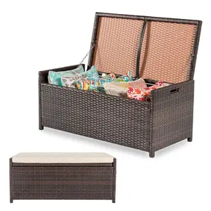 Multifunctional Wicker Deck Box, All-Weather 55 Gallon Outdoor Storage Box with Cushions, Storage Bench Rattan Storage cabinet for Pool Tools, Outdoor Equipments and Garden Tools, Beige