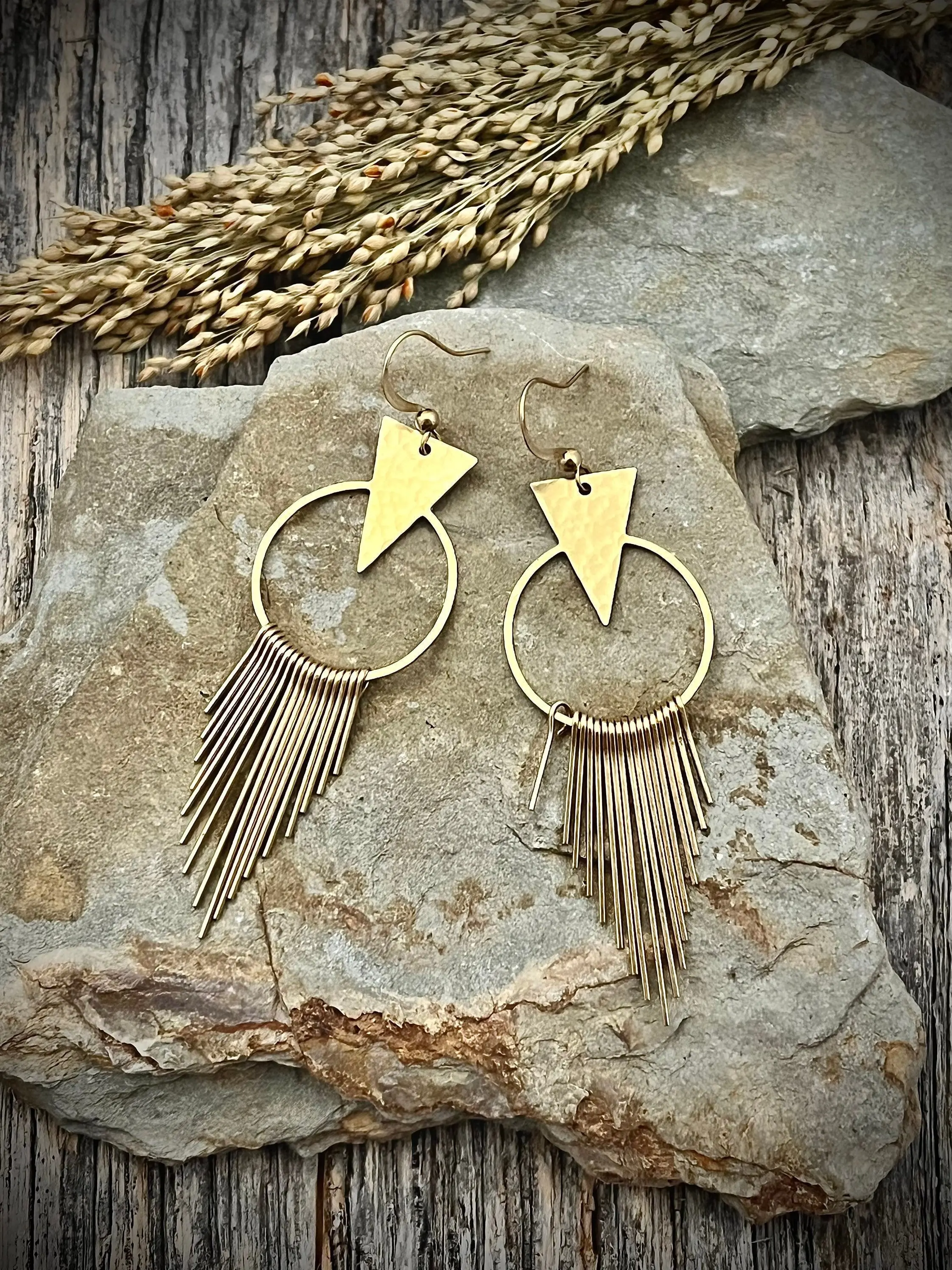 Gold Brass Geometric Triangle Spike Fringe Earrings
