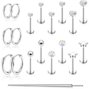 FlatBack Stud Earrings Cartilage Earrings for Women Men Hypoallergenic Threadless Flat Back Earring Surgical Steel Earring Tragus Helix Labret Lip Medusa Conch Body Piercing Jewelry