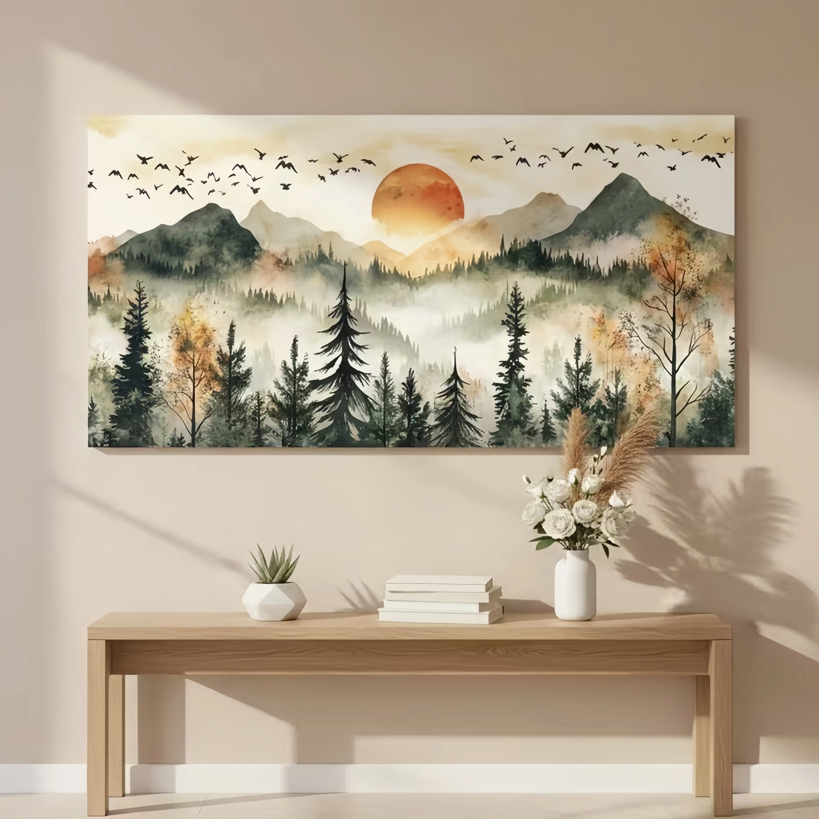 Framed Pine Wood Canvas Wall Art Print - Multi-Size, 16x32x0.6in(40x80x1.5cm) Modern Abstract Landscape Mountain Sunset, High-Quality Artistic Decorative Home Supplies for Living Room Decor, Bedroom