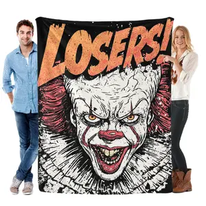 IT Pennywise "Losers!" Flannel Blanket Horror Movie Throw with Retro Comic Pennywise Design – Ultra-Soft, Cozy, and Perfect for Horror Fans, Bedroom Decor, and Gifting, Ideal for Year-Round Snuggling.