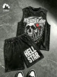 Men's Summer Skull Print Sleeveless Camisole Set, Soft Cotton, Breathable, Comfortable, Ideal for Sports & Casual Wear