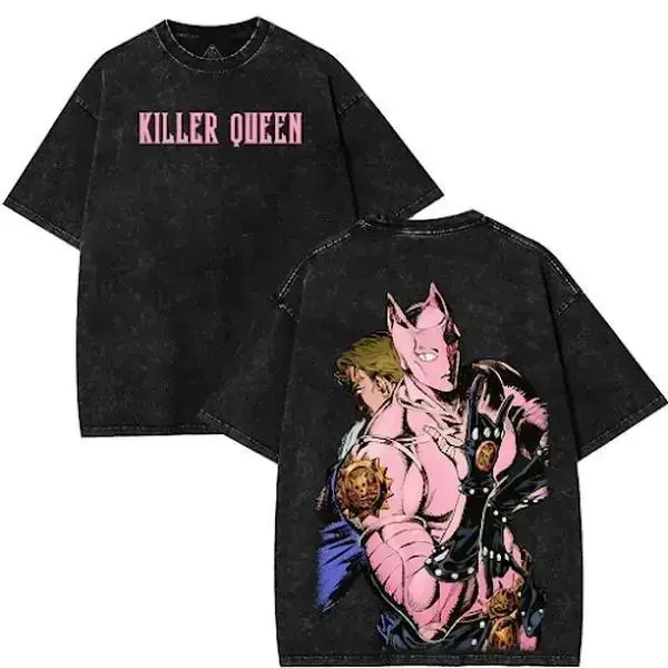 Oversized Vintage Acid Wash Jojos Bizarre Adventure Killer Queen Graphic Tee Men Yoshikage Kira Dark Anime Shirt Y2K Grunge Opium Streetwear Gym Pump Cover Heavyweight Lifting Workout TShirt Distressed Stand User Manga Alt Clothing Top