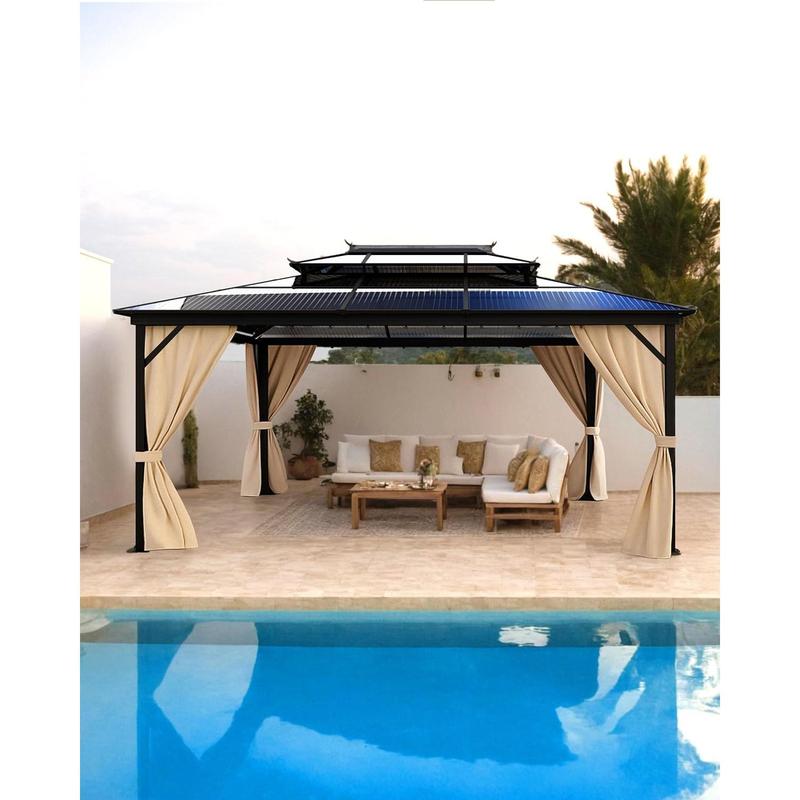 12'x16' Rectangle Adjustable Flat Top Hardtop Gazebo - Corrosion-Resistant Aluminium Frame, Double Polycarbonate Roof, Polyester Curtains, Mosquito Netting, Pre-Drilled, Windproof, Waterproof, UV Protection, for Patio, Backyard, Deck (Fits 2-3 People)