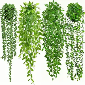KIRIFLY 4 Pack Faux Artificial Hanging Plants, Fake Potted Greenery with Eucalyptus Vine, Mandala, Pea Pod Leaves & String of Pearls in Pots for Office, Living Room, Bathroom, Indoor & Outdoor Décor