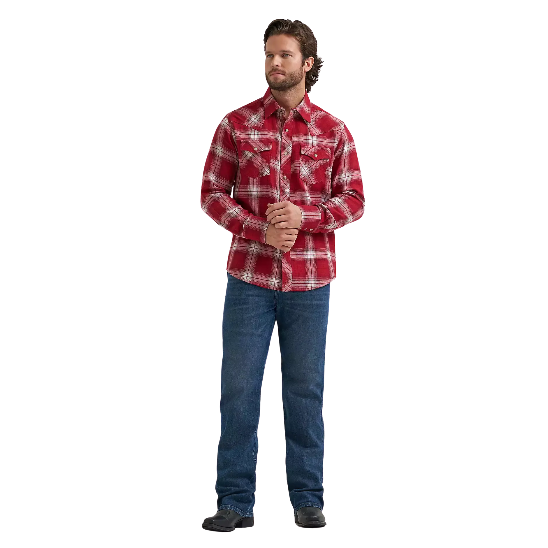 Wrangler Men's Retro Long Sleeve Hearth Red Plaid Flannel Snap Shirt