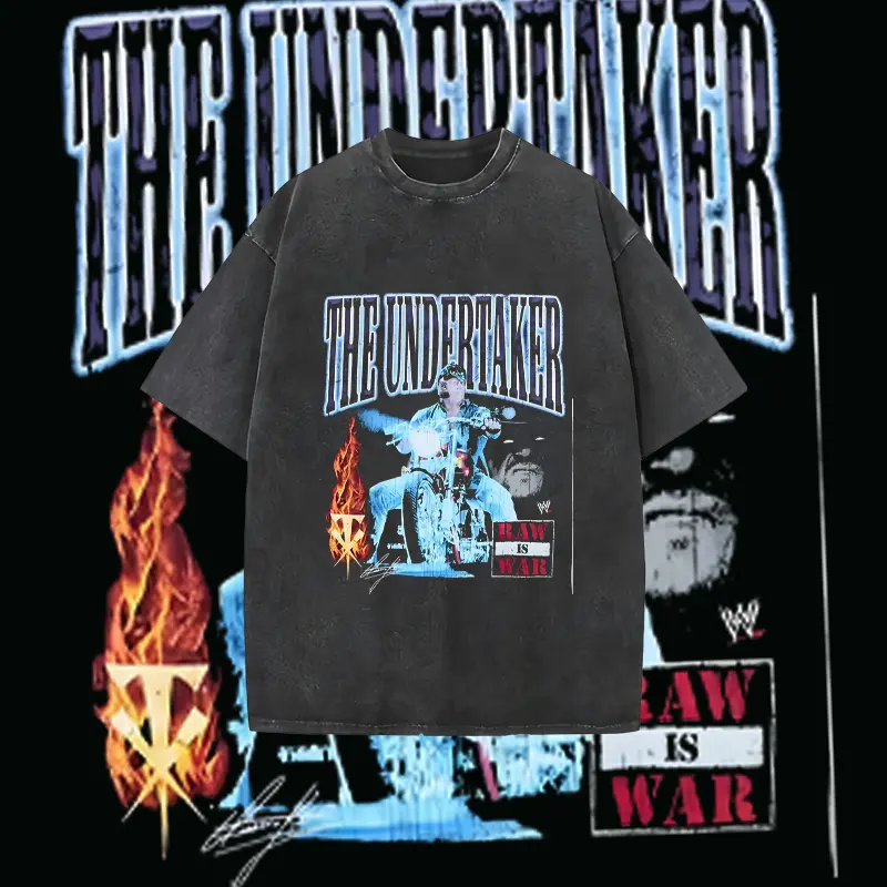 Men's Undertaker Graphic T-Shirt, Vintage Wash Biker Style Short Sleeve Streetwear for Wrestling Fans, Top, Round Neck, Menswear