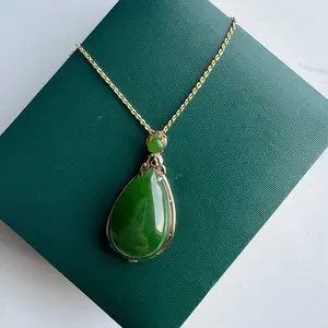 18k Gold Jade Pendant in a Teardrop Shape - Green Gemstone Necklace on Chain