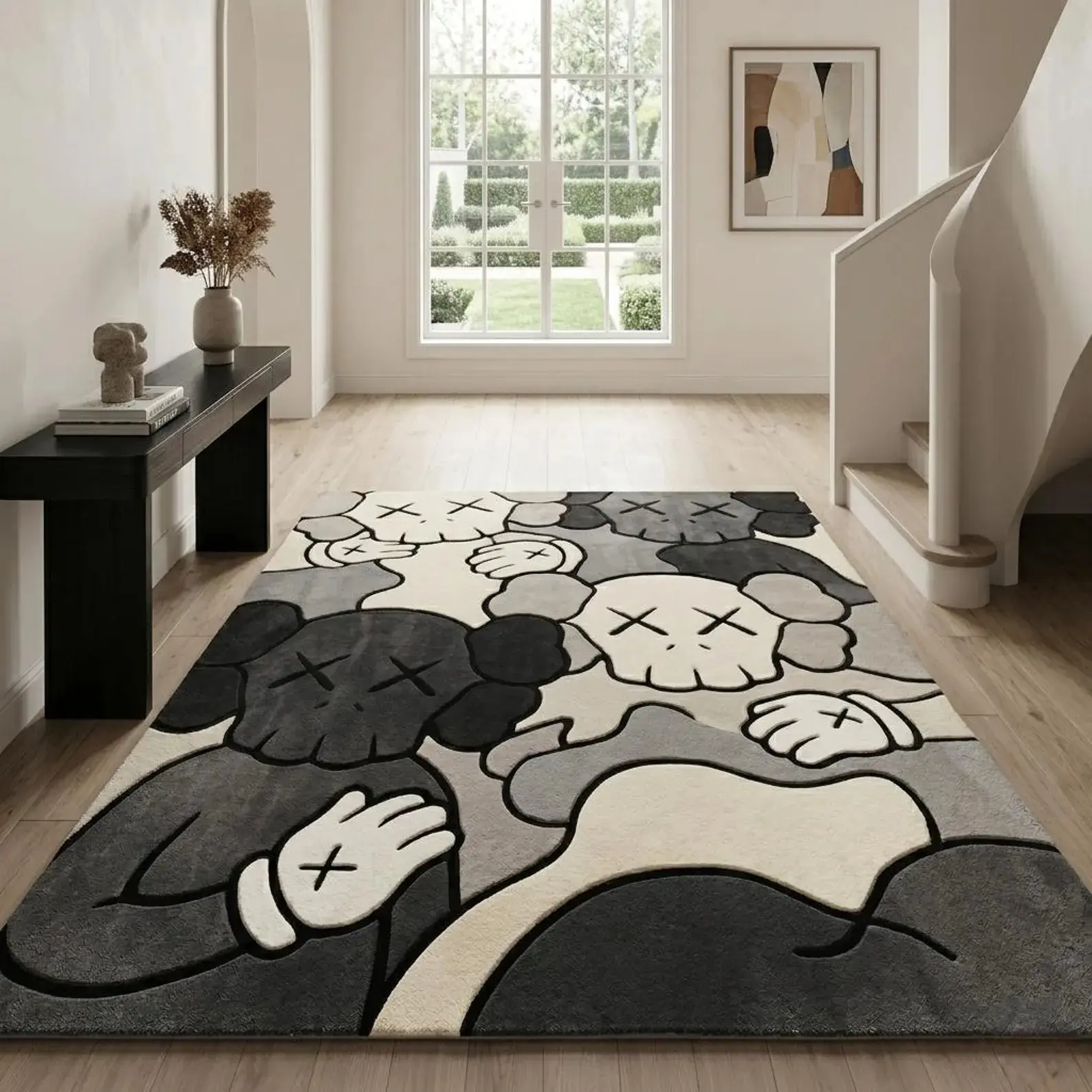 KAWS Inspired Hand Tufted Rug, Monochrome Pop Muse Rug, Wool Area Rug, Modern Abstract Handmade Rug, Custom Size Contemporary Luxury Carpet