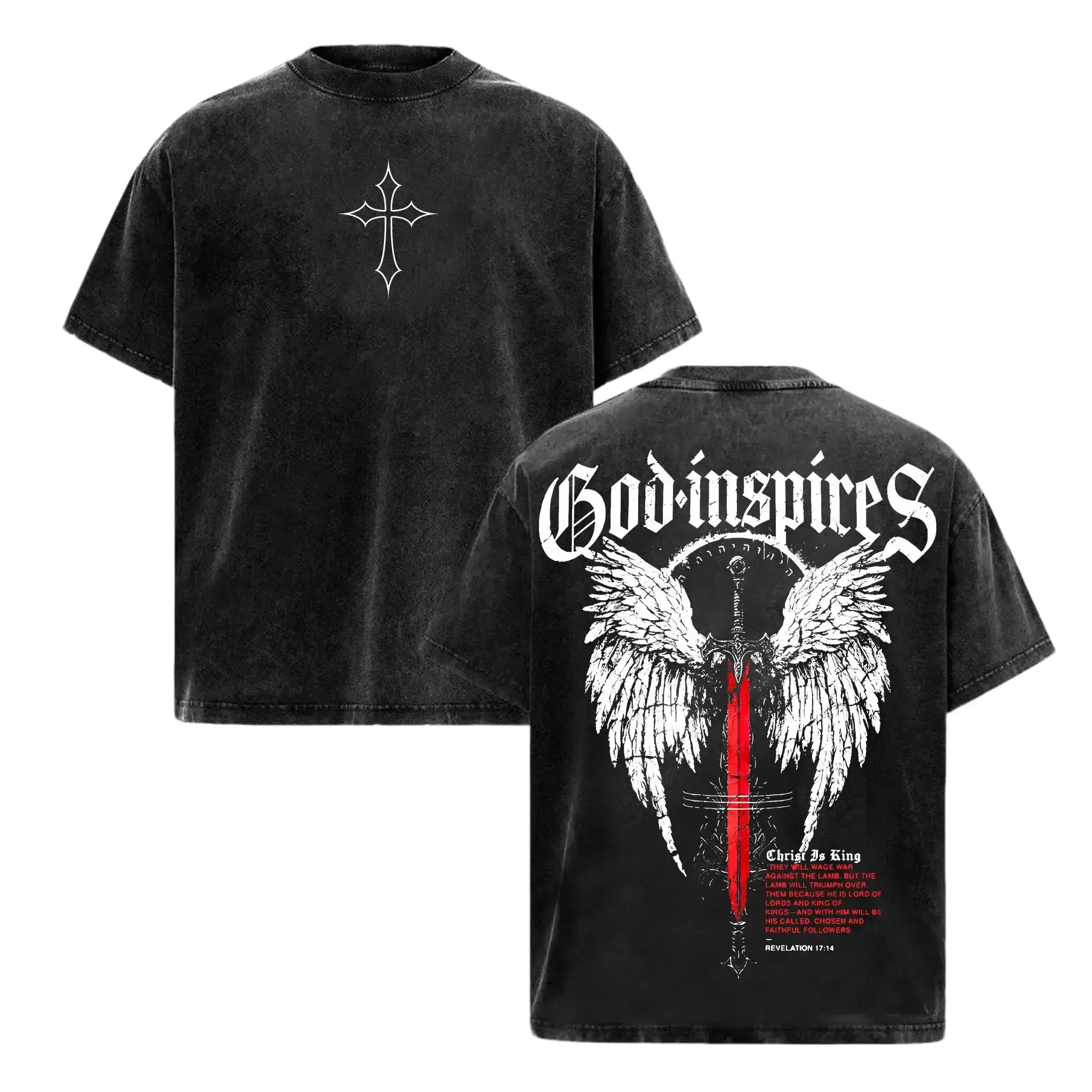 God Inspires Angel Wings Sword Vintage Washed Oversized Graphic T-Shirt Round Neck Short Sleeve Summer Casual Everyday Top Machine Washable High Res 2D Effect Pure Black Or White Background Christian Streetwear Faithcore Apparel Believers Gifts Shirt