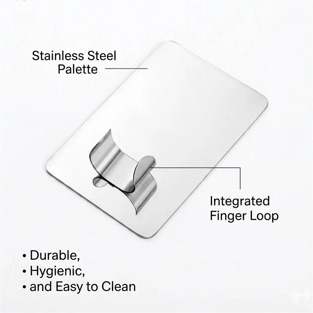 Makeup Stainless Steel Mixing Palette, with adjustable finger loop easy to clean, for blending foundation, eyeshadow and cosmetics during daily and professional makeup procedures.