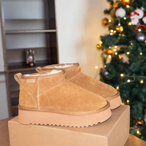 XIXITIAO Women's Genuine Suede Leather Ankle Boots,Waterproof Slip-On Fuzzy Platform Slippers,Soft Faux Fur Lining Booties,Warm Winter Fall Memory Foam House Shoes Indoor Outdoor Round Toe,Unique Holiday Gift