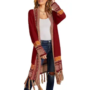 Saodimallsu Women Boho Cardigan Sweater Long Open Front Maxi Knit Sweaters Aztec Tribal Tassel Fringe Thin Coat
