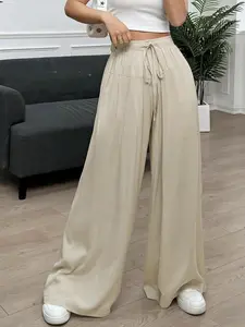 Women's Solid Color Drawstring Waist Pants, Casual Comfy Wide Leg Trousers for Daily Wear, Ladies Bottoms for All Seasons