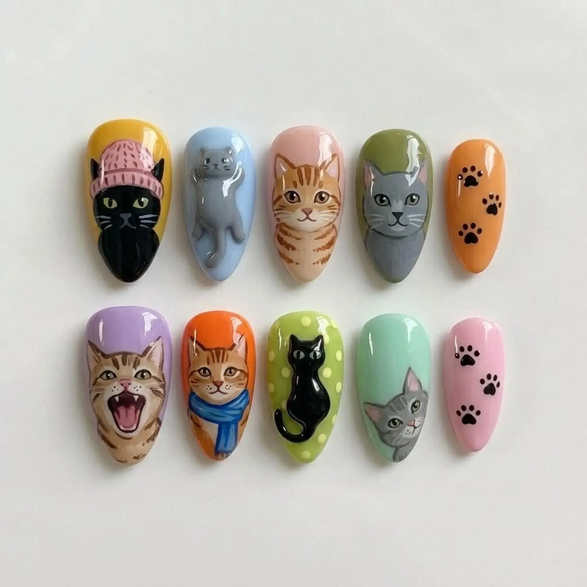 Handmade Cat Portrait Press On Nails | Hand Painted Cute Kitty Faces Art | Colorful Animal Custom Nails Set