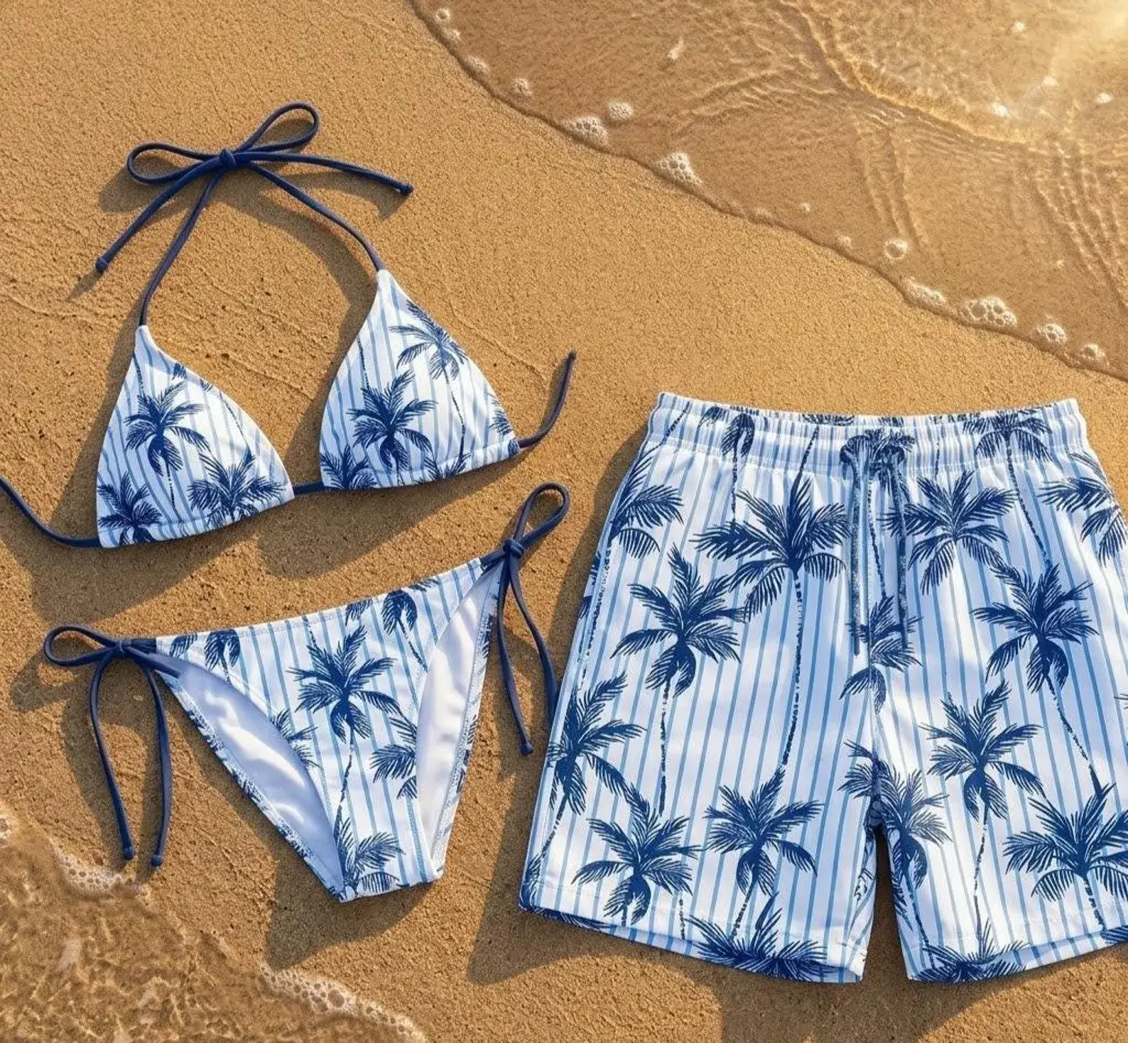Matching Couple Swimwear Set, Blue Palm Tree Bikini & Trunks, Tropical Beachwear, Honeymoon Anniversary Gift