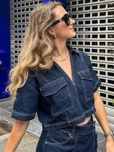 Cropped Denim Top Woman Blouses Spring 2026 Casual Classy Top Darkblue Lightblue Shirts Ladies Fashion V-neck Short Sleeve Blouses Blending Bold Stitching & Utility Big Pockets Shirt