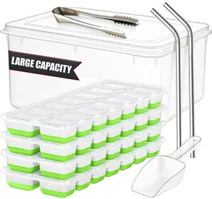 56pcs Stackable Silicone Plastic Ice Cube Trays with Lid & Bin – Scoop, Tongs & 2 SS Straws – Easy Release Ice Maker for Cocktail, Coffee, RV, Whiskey