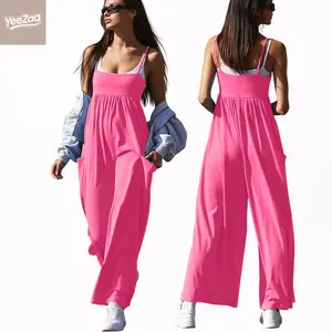 YeeZaa Strappy Onesie Overalls 95% Cotton One Piece Jumpsuits Hot Shot Overall Loose Fit Wide Leg Jumpsuits 2026 SummerVibes Spaghetti Adjustable Strap Jumpsuit with Pockets Soft Straps Empire Waist Pleated Slouchy Patch Beach Vacation Casual Romper summe