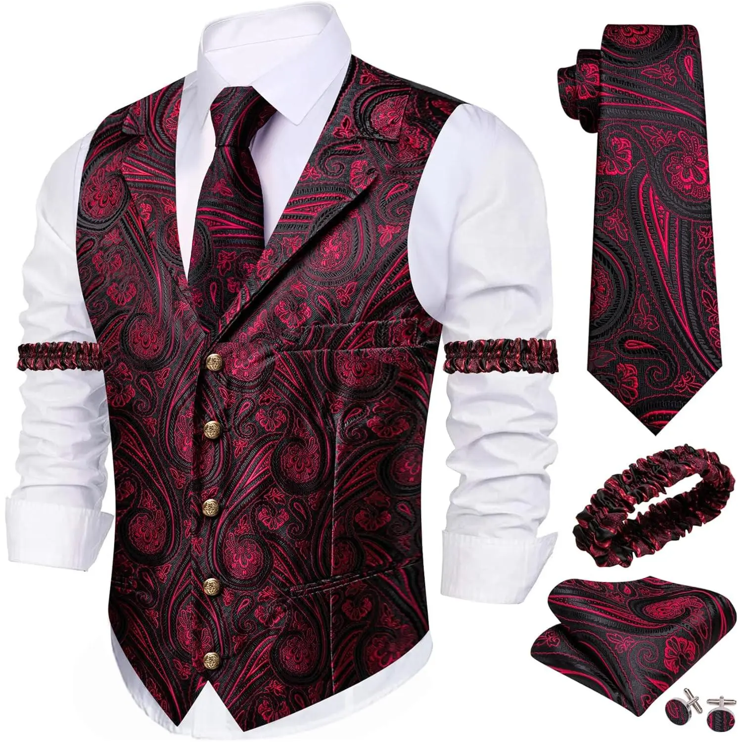 Men's Soft Silk Fabric Menswear Vest Set with Lapel/Shawl Collar, Tie, Sleeve Holder - Formal Wear for Wedding Tuxedo, Casual Paisley Waistcoat