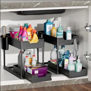 2-Tier Sliding Cabinet Basket With Hooks,Pull Out Drawer Organizer,,Multi-Purpose Plastic Storage Drawer For Cleaning Supplies,Towels,And Utensils,Waterproof And Easy To Clean,Space Saving,Housewarming Gift,Christmas Thanksgiving New Year Home Present
