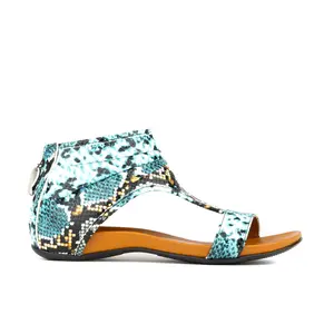 Downtown - Blue Snake Women's Summer Casual Leather Sandal T-Strap Open Toe Comfortable Designer Shoes