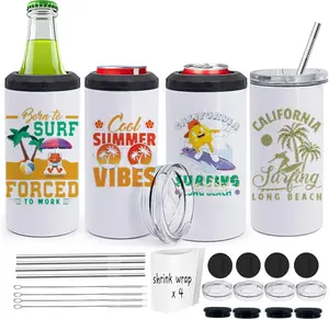 ZREGGUR 4 in 1 Can Cooler 16 oz Sublimation Blank Tumbler with Metal Straw,Straw Brush,Shrink Wrap, Non-Slip Coaster, Lid, Individually Boxed Standard Beer Cans,Canning Cans