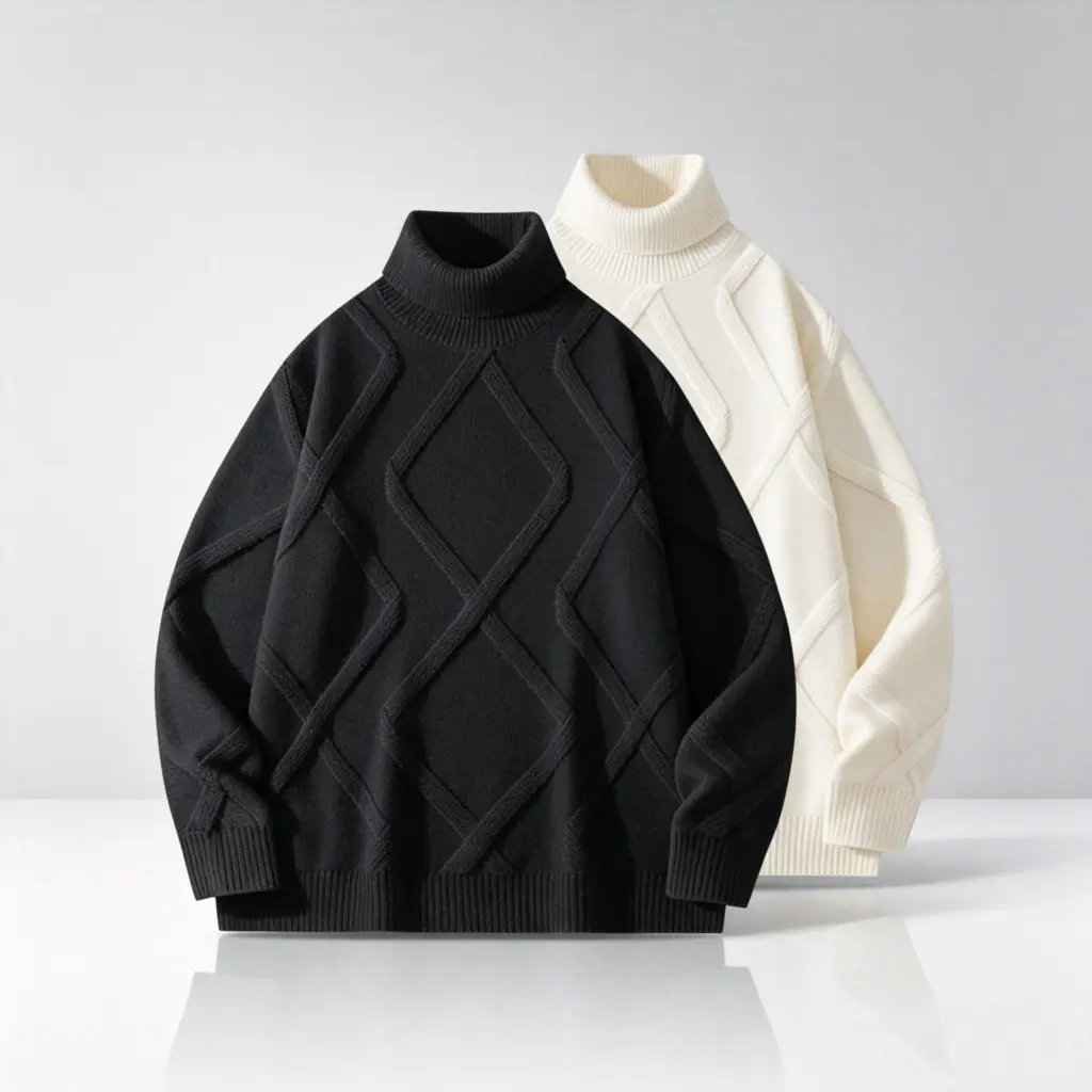 Men's Cream Argyle Turtleneck Pullover Sweater - Menswear for Fall/Winter, Soft Durable Fabric, Premium Knitwear to Elevate Style