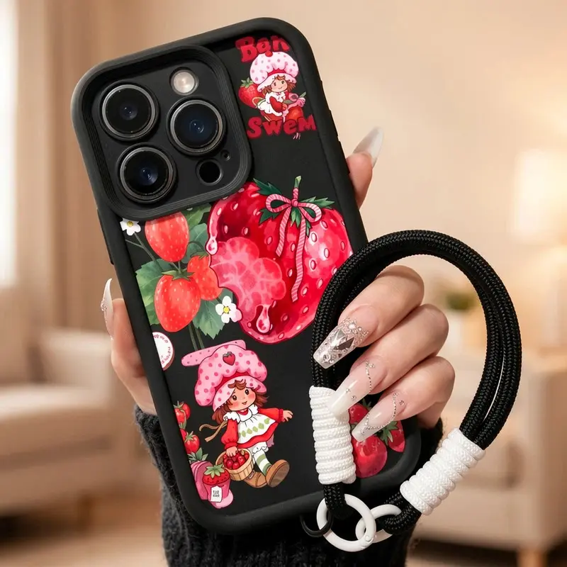 Strawberry Shortcake Pattern Phone Case with Wrist Strap, Soft Silicone, Fully Protected and Shockproof For iPhone 17 16 15 Pro Max 14 13 12 11 X Plus Air 17E Pink Girl Mini