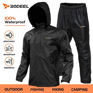 【RODEEL】702 Men’s Waterproof Jacket and Pants Set, Lightweight Breathable Full Zip Adjustable Hooded Rain Suit, Durable Weatherproof Rainwear Windbreaker Workwear for Outdoor Fishing, Boating, Construction, Roofing, Landscaping & Tree Service