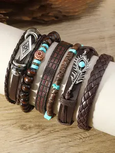 6-Piece Boho Turquoise Beaded Bracelet Set, Handmade Multi-Layer Ethnic Style Jewelry, PU Leather Feather Design for All Seasons, Stackable Bracelets