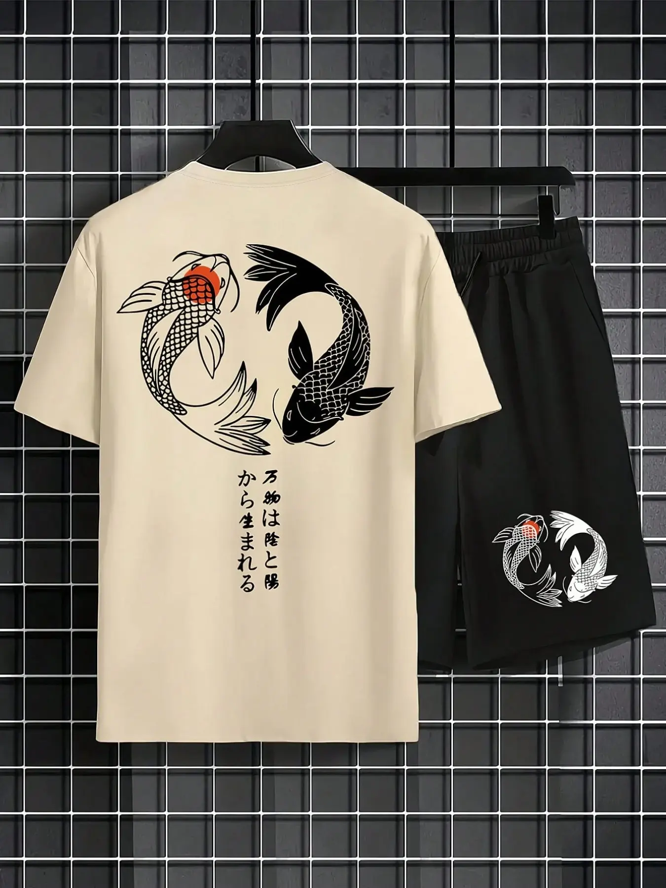 Men's 2-Piece Japanese Koi Set, Short T-Shirt & Shorts, 'things Meet' Japanese Cultural Print, Traditional Summer Street Style