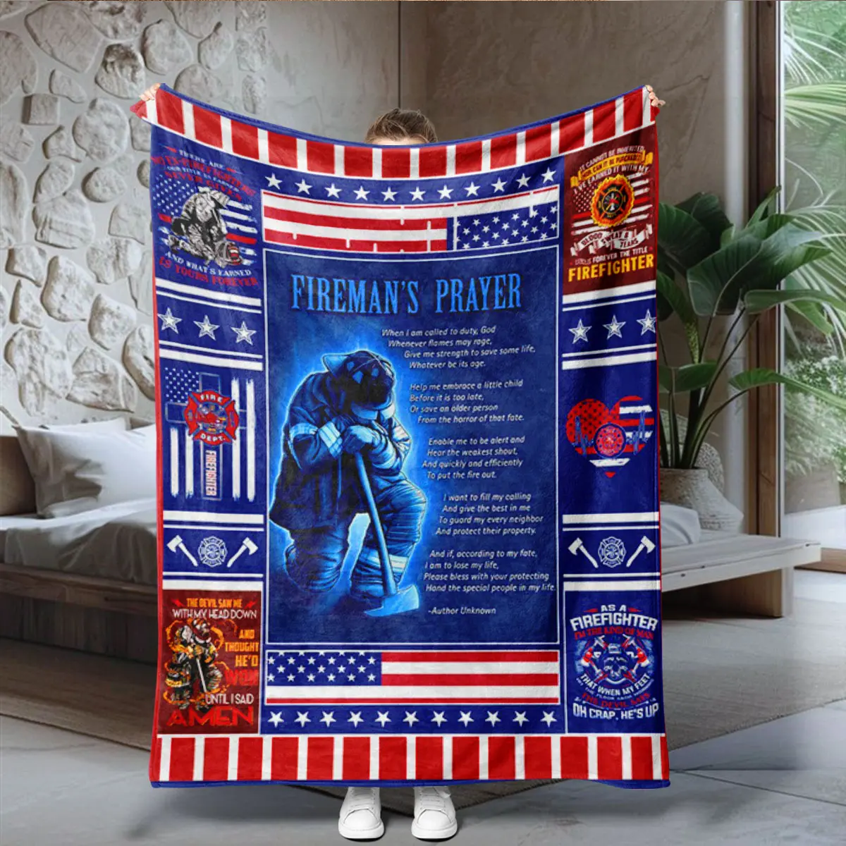 Firefighter Memorial Blanket, Blue Star Stripes Background, Fireman's Prayer Text, Flannel Thick Warm Cover, Gift for Firefighters