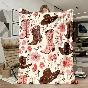 1pc Western Cowboy Boots Hats Floral Flannel Blanket, Super Soft Cozy Throw for Sofa Bed Couch Car Office Travel Camping, Lightweight Warm All Season Gift for Adults, Women, Soft Fluffy Blanket