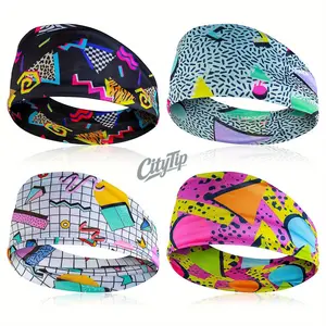 2/4 Pack 80s Retro Neon Headbands For Women, Colorful Geometric Print Elastic Wide Hair Bands, Sweat Wicking Workout Headbands For Fitness Yoga Running Gym Daily Wear Themed Party