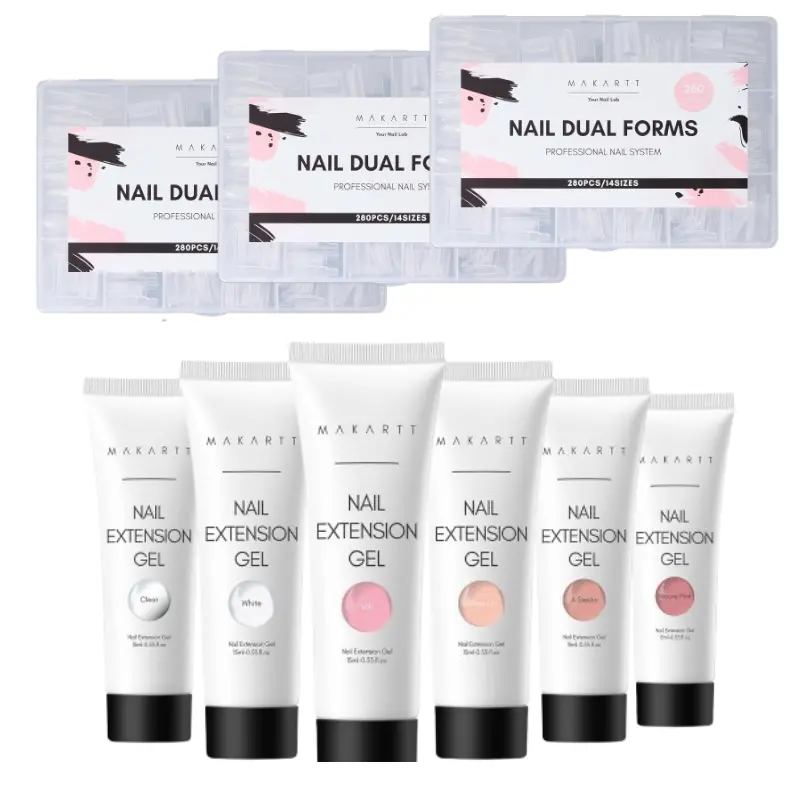 Makartt Poly Nail Gel Kit with Dual Nail Forms, 6 Neutral Colors Builder Extension Gel Set + 280pcs Sandwich Dual Nail Forms 14 Sizes ,  Nail Molds for Acrylic or Poly Gel DIY Salon Manicure