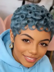 Short Wigs for Black Women  Pixie Cut Curly Wig Human Hair Textured Wigs With Bangs Natural Black Color  Wig for Everyday Use