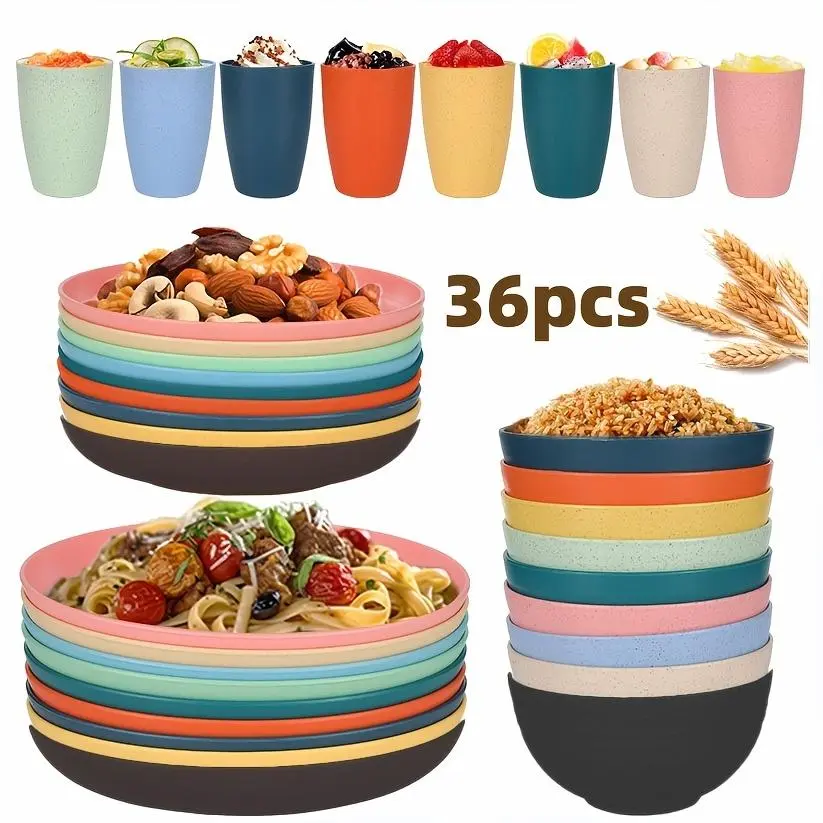 12/24/36 Wheat Straw Dinnerware Sets - Dishes, Reusable Plastic Plates, Dishwasher And Microwave Safe Plates And Bowls Sets, Bowls, Drinking Cups, Plastic Dishes for Camping, Party