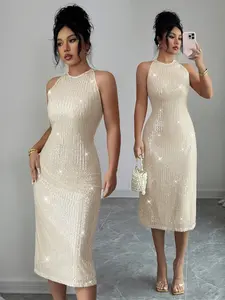 Women's French Romantic Sicilian Style Elegant Casual Formal Commuter Vacation Tea Party Luxury Dress, Sequin Round Neck Sleeveless Tight Fit Long Dress