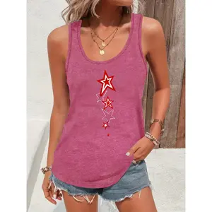 2026 New Style Womens Fashion Casual Crew Neck Tank Top Versatile Style Red Star Pattern American Street Style Suitable for Gifting to Family And Friends