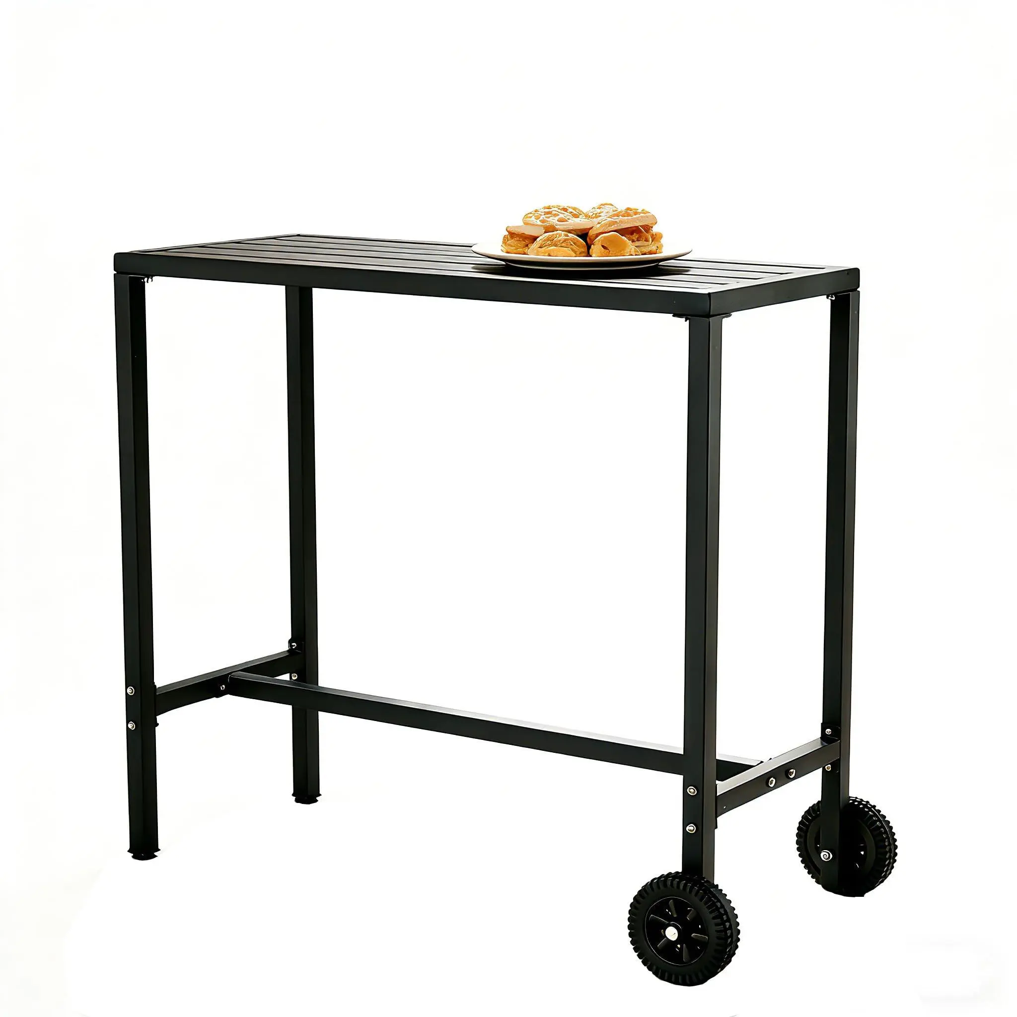 GARVEE 39 Inch Rolling Bar Table with Wheels & Adjustable Feet - Waterproof Metal Top, Sturdy Black Frame Counter Height Table for Patio, Balcony, Hot Tub, Poolside & Indoor Kitchen Use
