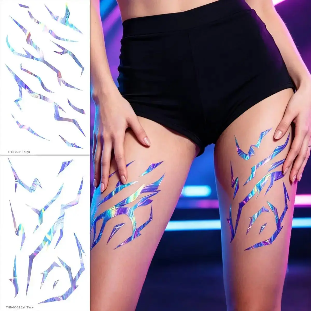 2-Pack Laser Lightning Body Art, K-Pop Style Temporary Tattoo Stickers, Waterproof, Long-Lasting, Party, Music Festival, Cosplay, Gift