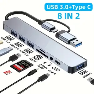 8-Port USB-C Hub with Dual USB and Type-C Interfaces |   Includes USB 3.0, USB 2.0, Micro SD/TF Reader, Mic/Audio and Other Ports for Laptops, MacBook Pro, iMac, iPad Pro and Other USB-C Devices