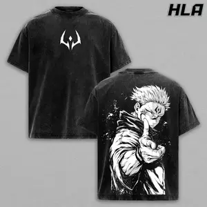 Ryomen Sukuna Acid Washed Tee, Jujutsu Kaisen Anime Graphic T-Shirt, Vintage Dark Curse King Style, Heavy Washed Cotton, Double Printed Oversize Top, Unisex Casual Streetwear, Gift For Anime Fans