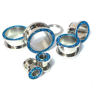 PAIR Sapphire Blue Gem Rimmed 316L Surgical Steel Screw Fit Tunnels Plugs Gauges