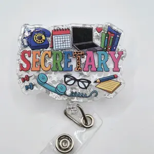 Secretary Glitter Acrylic Retractable Badge ID Reel Belt or Alligator Clip Perfect for a Unit Secretary, School Secretary and Office Worker