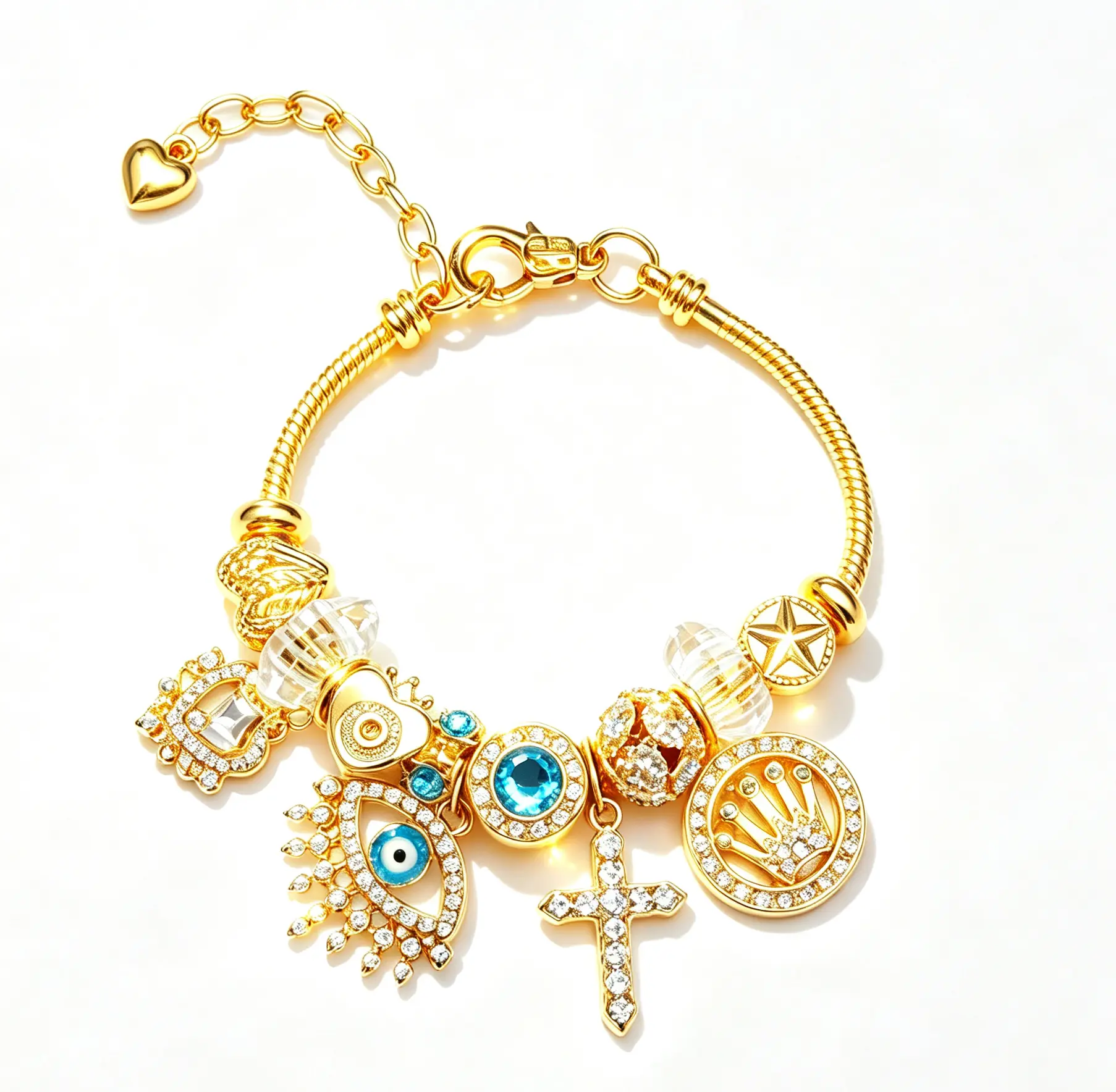 Gold Tone Charm Bracelet for Women, Blue Evil Eye Cross Star Lucky Charms Bracelet, Crystal Statement Jewelry Gift for Her