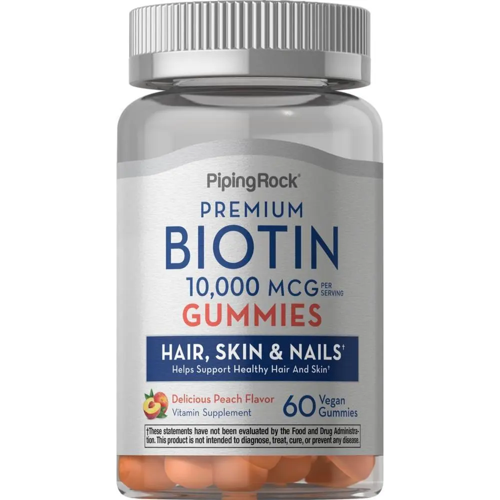 Piping Rock 10000mcg Gummies | 60 Count | Hair, Skin, and Nail Supplement | Peach Flavor | Vitamin for Women and Men | Vegan, Non-GMO, Gluten Free